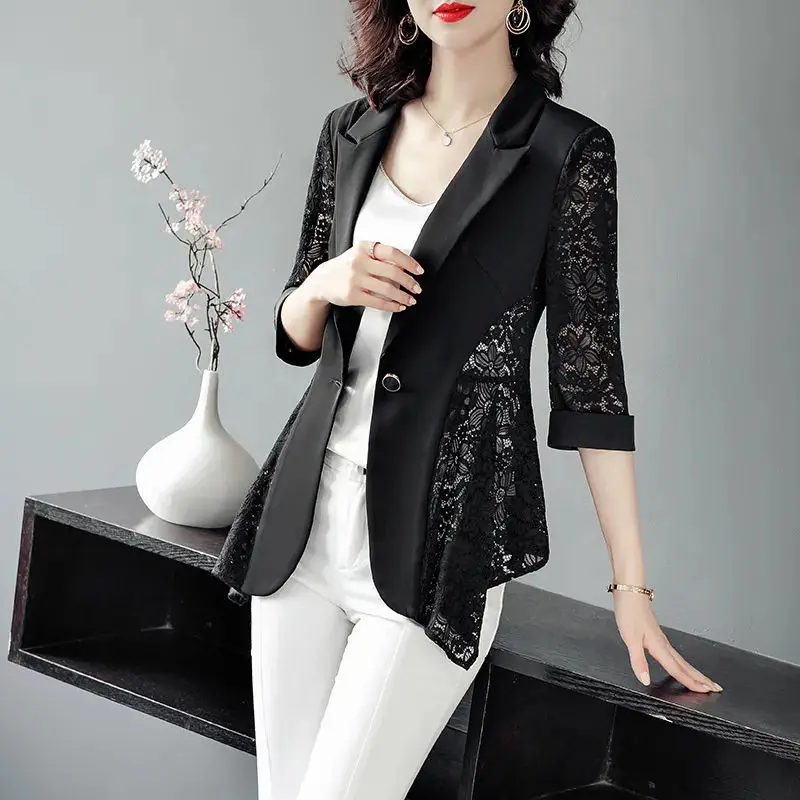 Fashion Printed Spliced Button Irregular Blazer Women Clothing 2022 Autumn New Casual Tops Loose Three Quarter Office Lady Suits