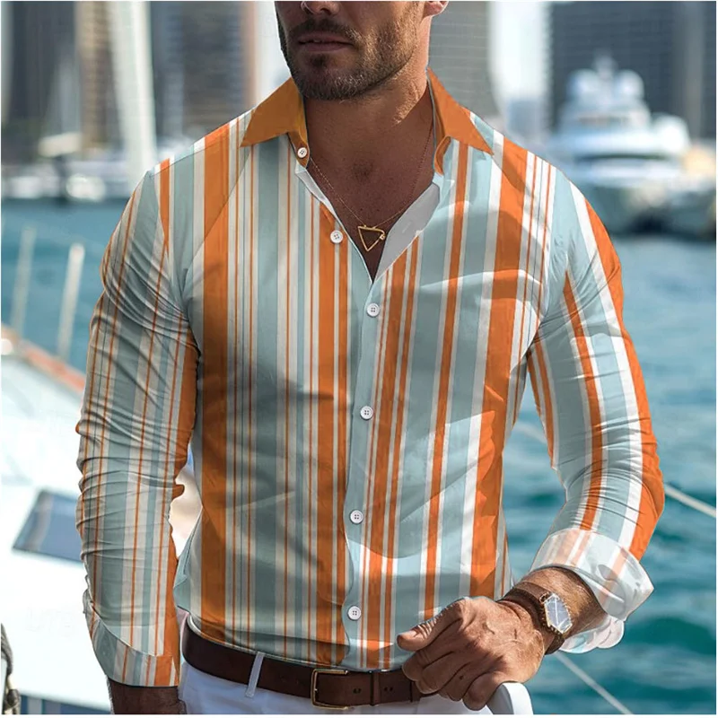 2024 Fashionable Casual Men\'s Line Printed Shirt Formal Spring Summer Lapel Long Sleeve 25 Colors XS-5XL Stretch Fabric Shirt