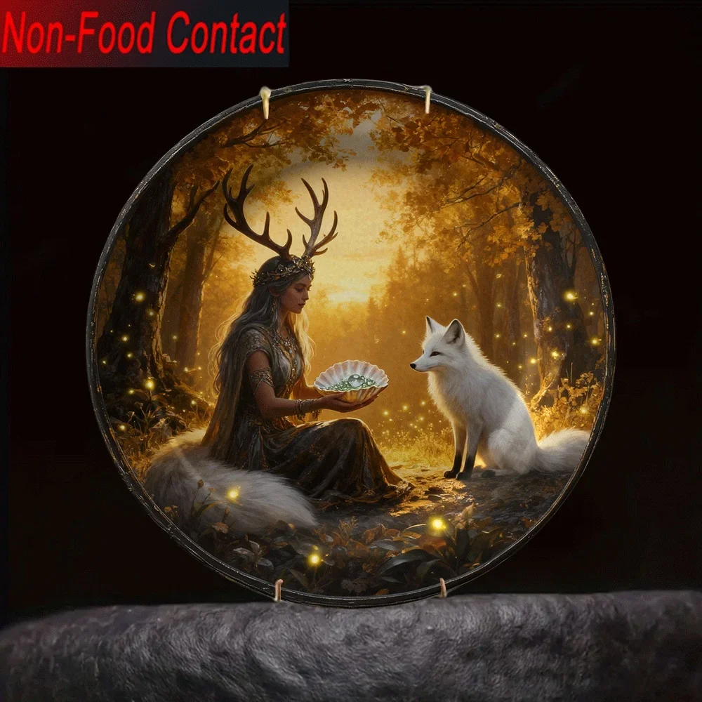 2D 1pc Ceramic Decorative Plate, Forest Elf and White Fox Illustration Design, Non-Consumable Pure Decorative Home Tabletop Art