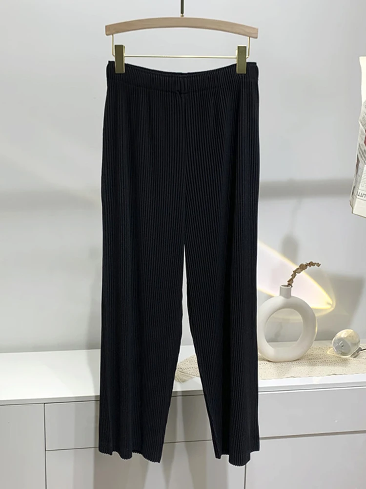 GVUW Pleated Wide Leg Pants Women Elastic Waist Pockets Solid Color New 2025 Loose Fashion Female Elegant Trousers 17G7705