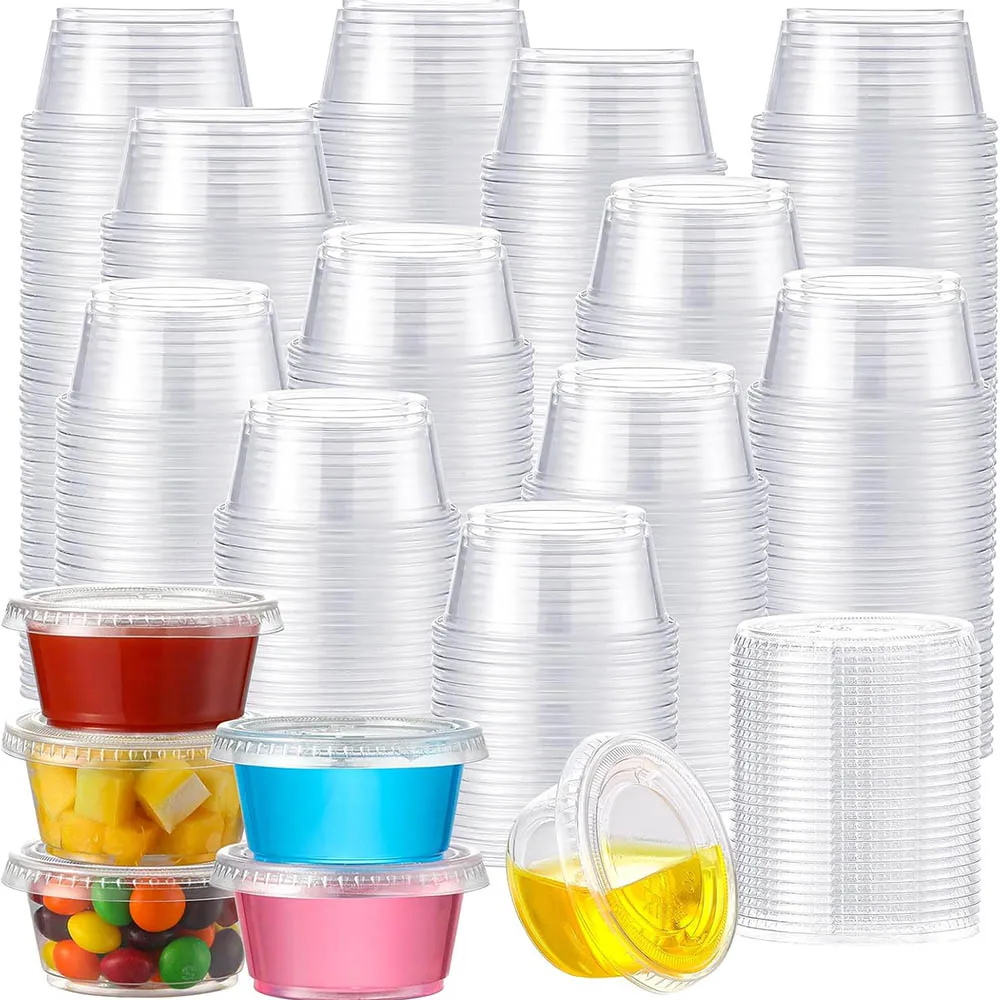 Jello Shot Cups with Lids,Stackable Food Safe Disposable Plastic Portion Condiment Dipping Sauce Cups for Salad Dressing