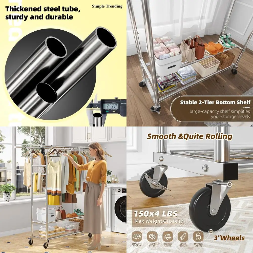 

Прочная промышленная вешалка для одежды с двумя штангами и колесами, хромированная, выдерживает до 620 фунтов.