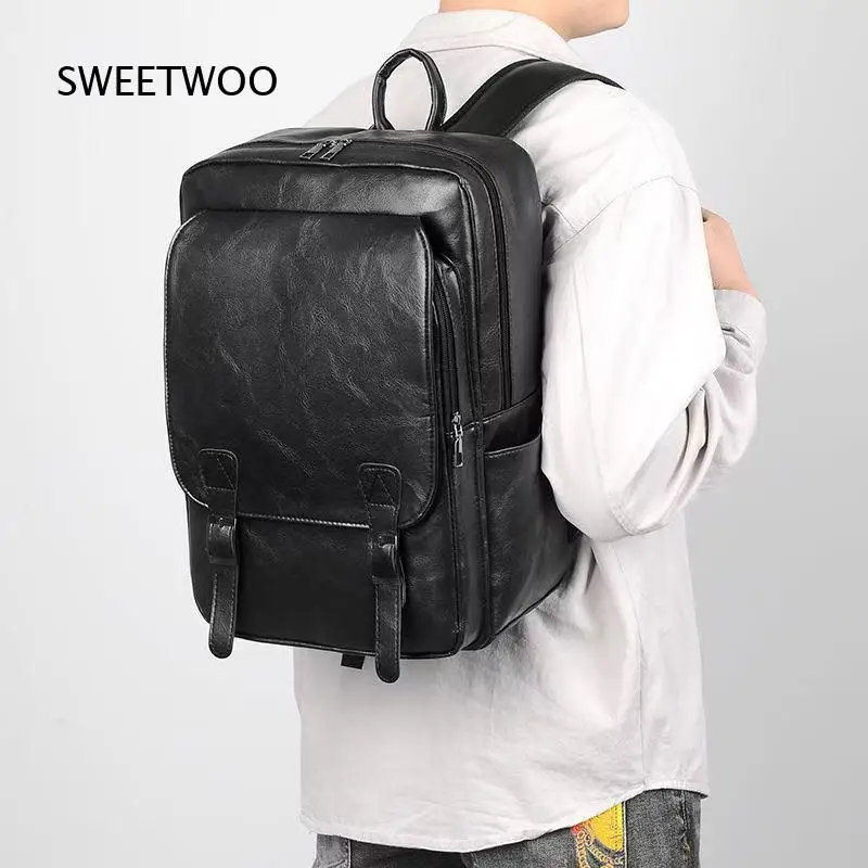 Men Black Faux Leather Backpack Vintage Flap Laptop Rucksack Business Casual School Daybag with Buckle Straps