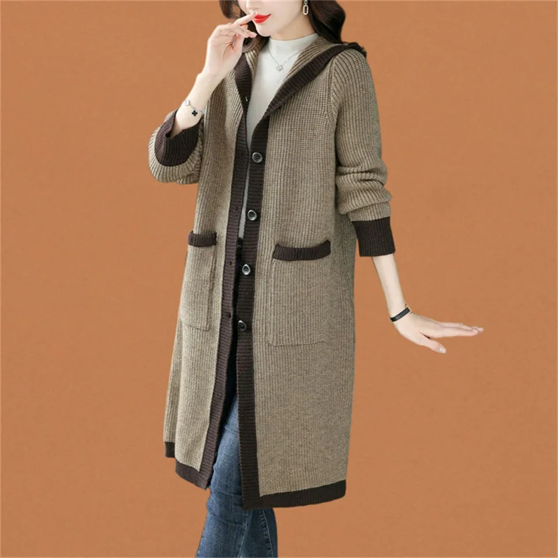 2025 Long Hooded Knit Sweater Outerwear For Women's Autumn Winter New Loose fitting Slim And Stylish Cardigan Mother Wool Coat