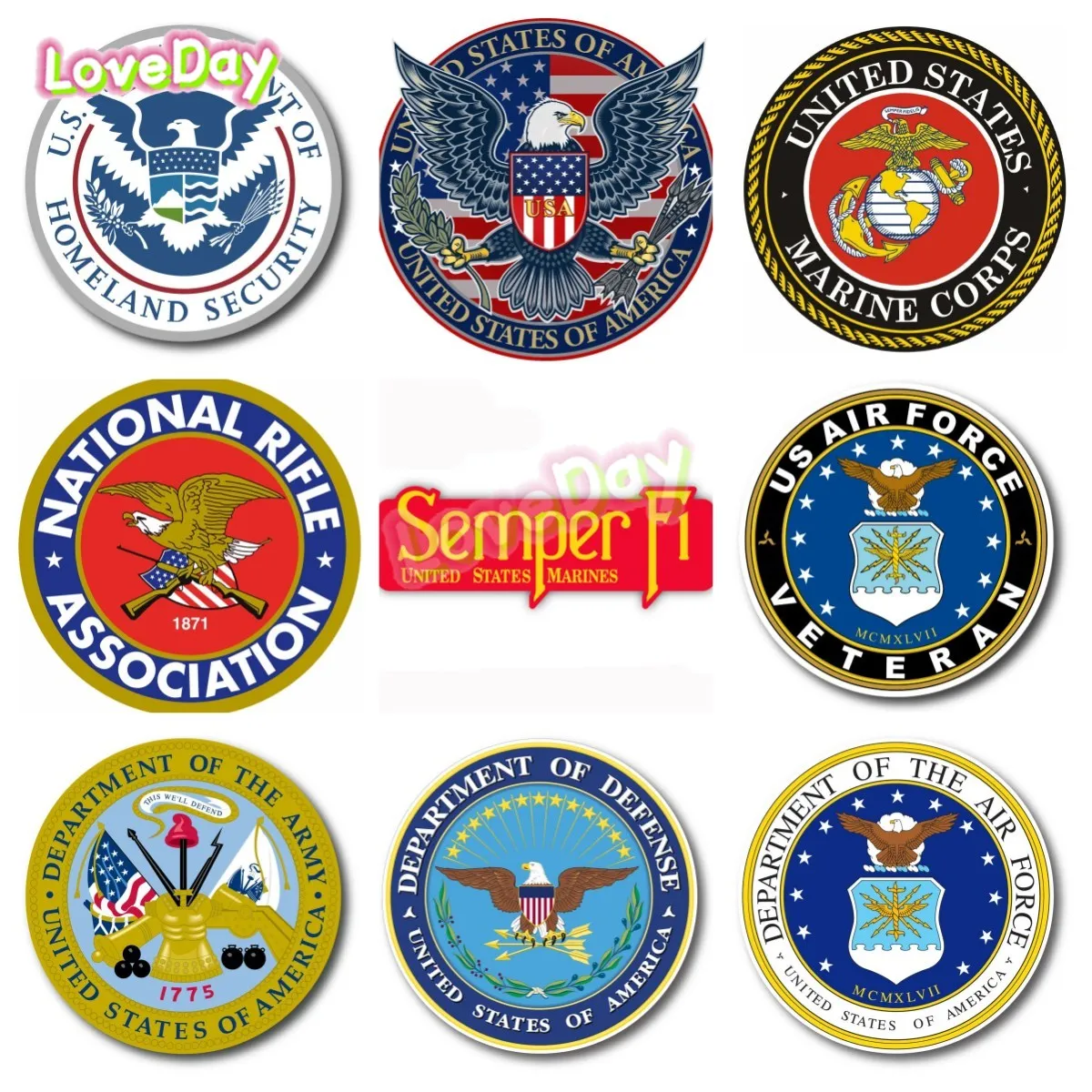 

Vinyl USA Logo Collection Car Stickers Patriotic Eagle National Rifle Association Semper Fi USMC Department of Homeland Security