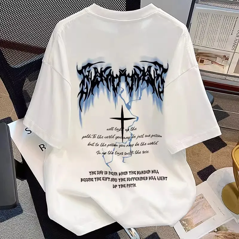 

Summer brand new men's cross pattern Harajuku print 100% pure cotton short-sleeved T-shirt Y2k fashionable casual wear top