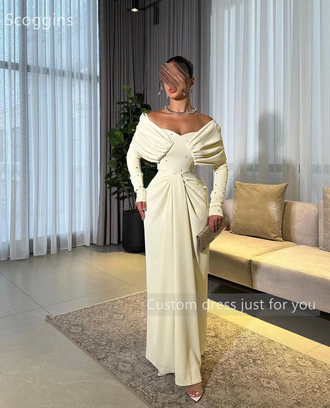 Scoggins فساتين سهرة Column Off-The-Shoulder Neckline Long Sleeves Floor-Length Evening Dress Formal Occasion Dresses Vestidos