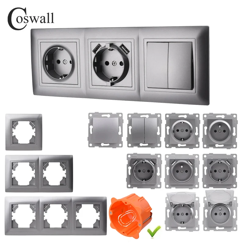 COSWALL H seri abu-abu plastik Panel dinding Rocker saklar EU Schuko soket USB tipe-a & C pengisi daya Internet satelit TV modul DIY