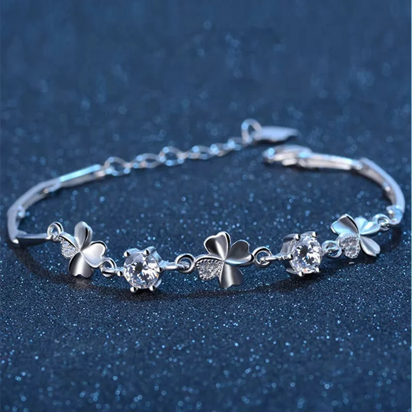 925 Sterling Silver Zircon Lucky Clover Shaped Bracelet Crystals Chain For Women Valentines Gift Wedding Party Cute Jewelry 20cm