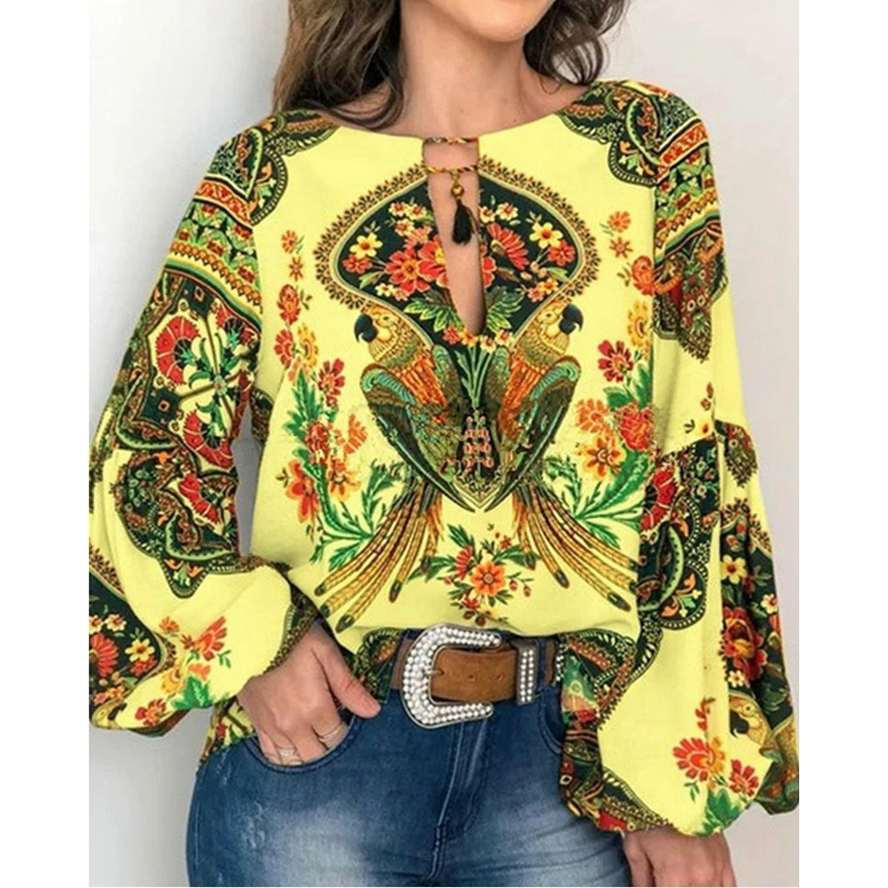 Women Floral Ethnic Print Tassel Design Top V Cutout Lantern Sleeve Blouse Spring Fashion Summer Femme Casual Shirts Streetwear