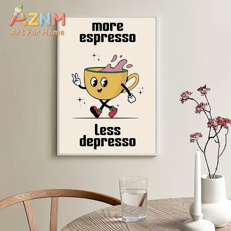 AZNM Retro Cartoon Kitchen Canvas Wall Art, More Espresso Less Depresso & This Kitchen Is For Dancing Quote Print, Fun Coffee Po