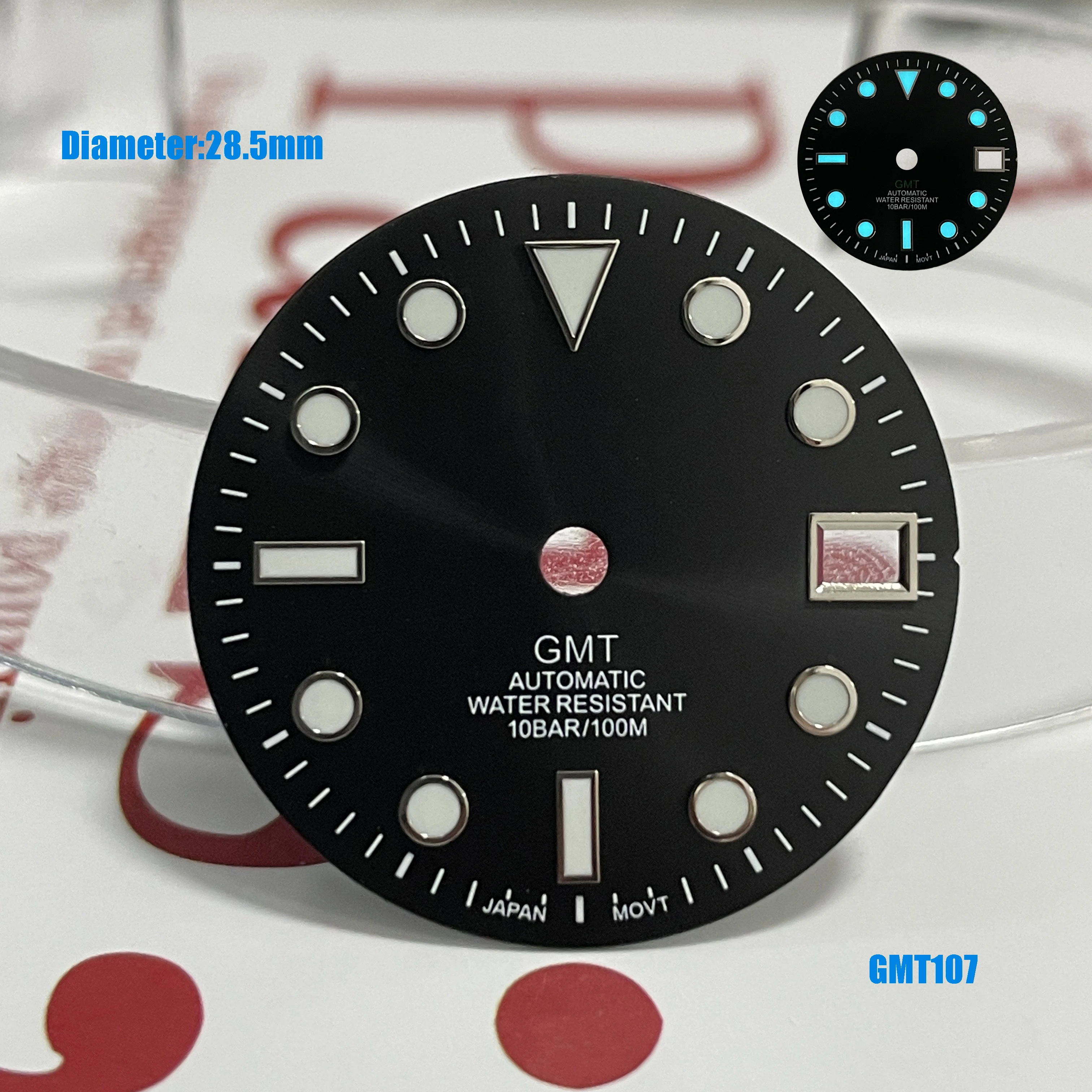 Cadran GMT sub S de 28.5mm, lucarne unique, logo s lumineux bleu, cadran noir adapté au cadran NH34 s, accessoires de mouvement de montre