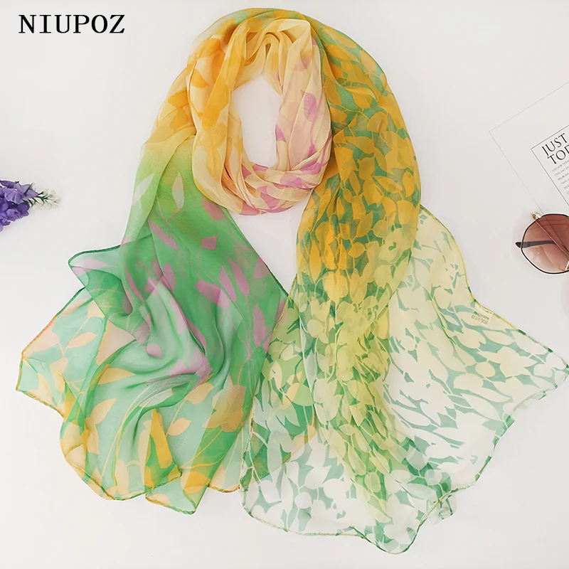 Gradient Willow Leaves Silk Feeling Chiffon Georgette Bandana Scarf Women Summer Sunscreen Hijab Ring Scarf Decorate