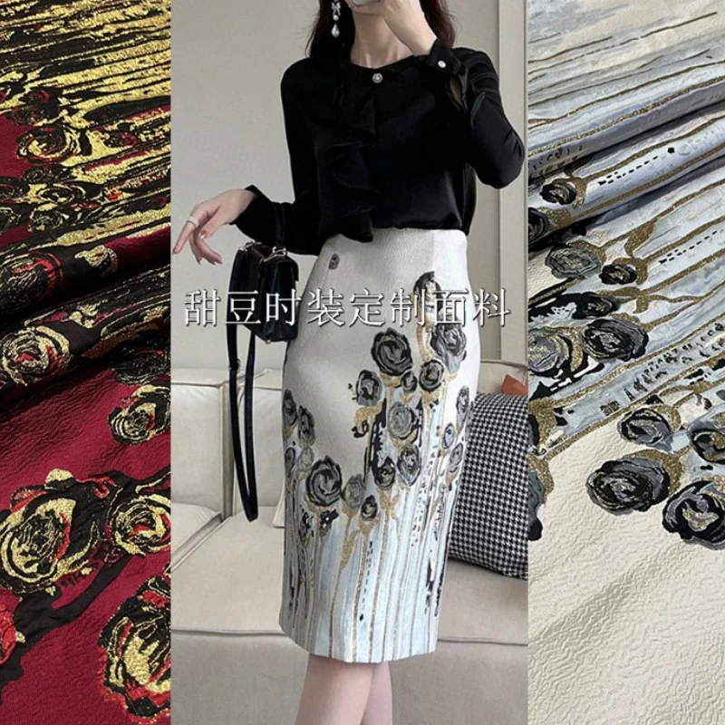 Gold Silk Yarn-dyed Jacquard Fabric European American Rose Dress Trench Coat Fashion Design Diy Sewing Wholesale Material Cloth