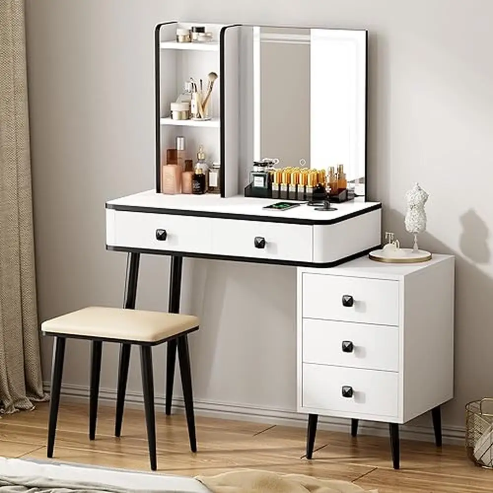 Touch Screen Vanity Table Set with LED Mirror Cushioned Stool Storage Cabinet Drawers & Shelves Makeup Desk Dressing Table