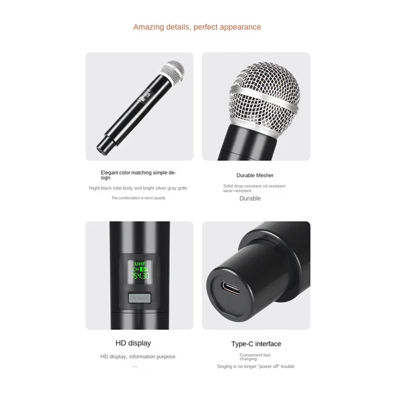 ميكروفون لاسلكي UHF احترافي ، ميكروفون كاريوكي محمول باليد ، 2 قناة ، بطارية ليثيوم ، مسرح ، كنيسة ، حفلة ، مدرسة