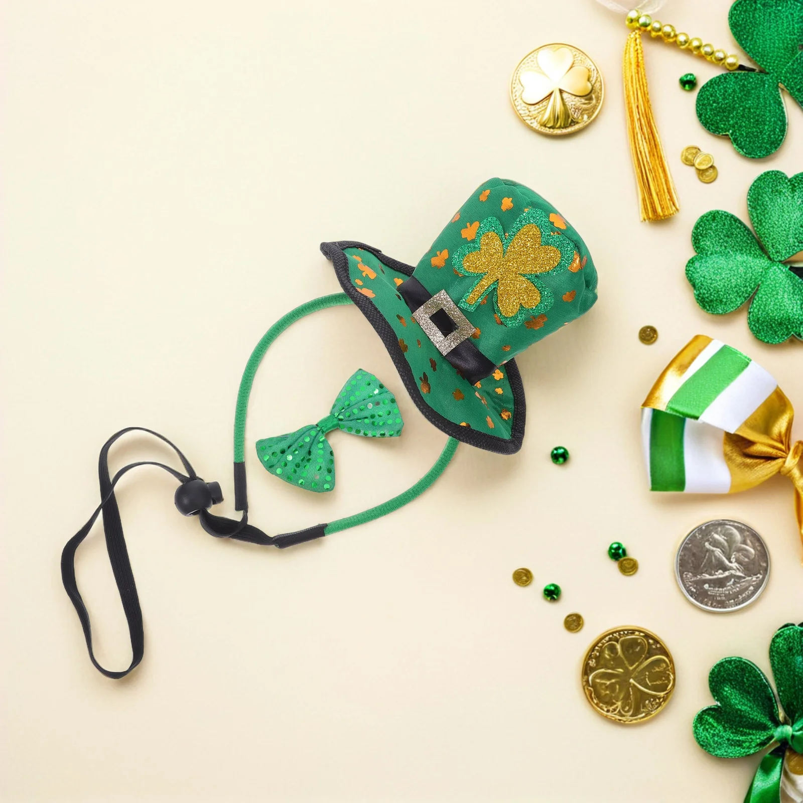 

1Set St Patricks Day Clover Headband Green Mini Top Hat with Bowtie Leprechaun Festival Party Accessory Green Top Hat Headband