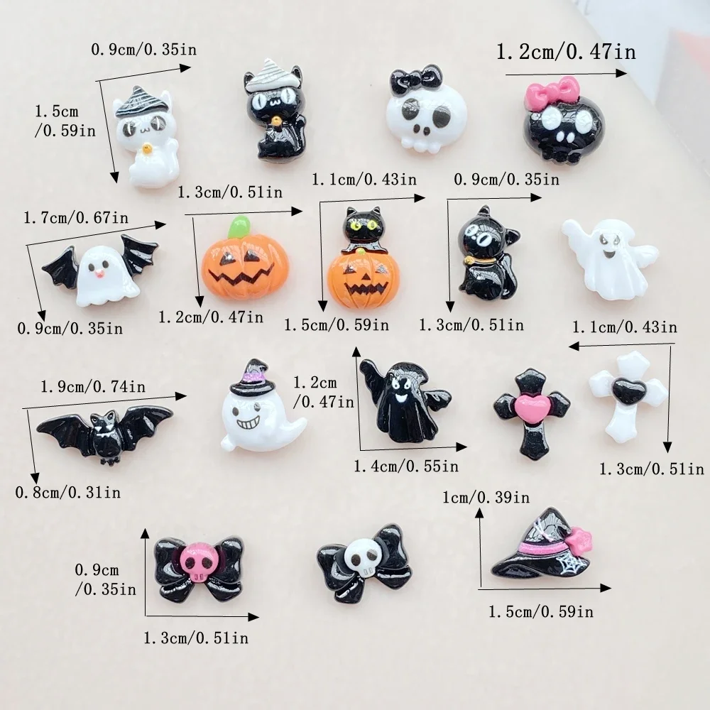 20Pcs Cartoon Halloween cat pumpkin bat ghost skull Nail Art Resin Designer Charms DIY Craft For Nail 3D Decorations Jewelry