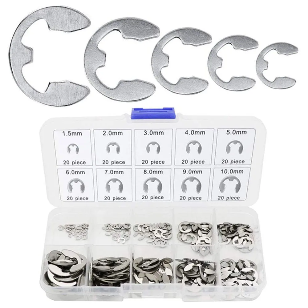 120/200/380pcs E Clips Assortment Kit External Retaining Rings Set ,10 Sizes (M1.5-M10) 304 Stainless Steel Snap Rings Kit