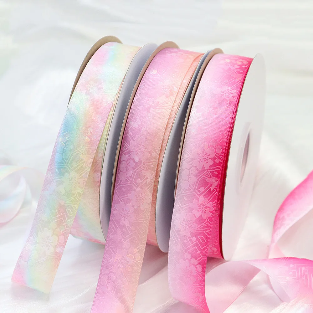 25mm Hologram Transparent Foil Floral Gradient Satin Ribbon 50 Yards/Roll for DIY Badge Gift Wrapping Craft Custom Designs