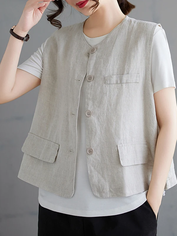 

Loose Cotton Linen Women's Vest round Neck Thin Shoulder Pad Outerwear Top Summer Commute Style Shape Fit Short Length