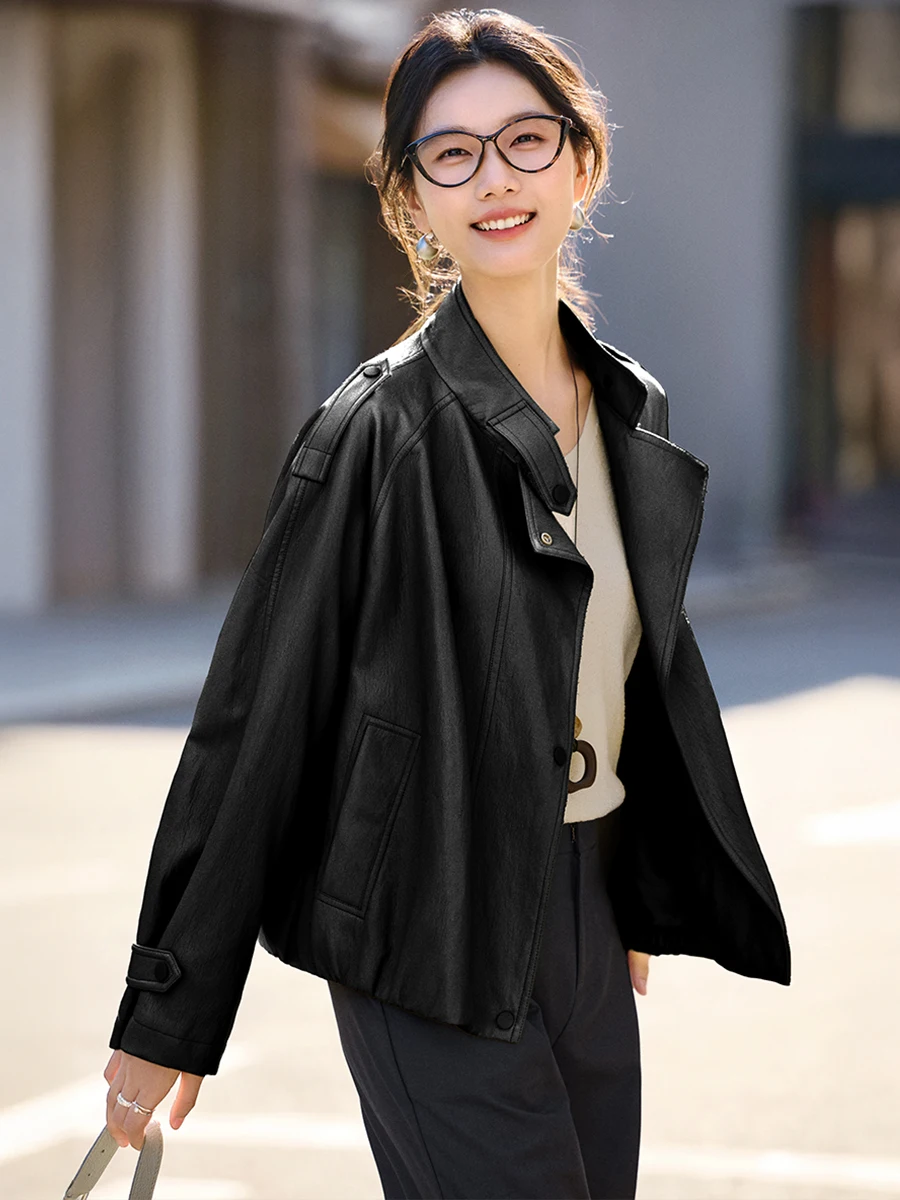 XWI 아메리칸 레트로 PU 가죽 재킷 여성용 짧은 단색 스탠드 칼라 소형 봄 패션 여성 코트