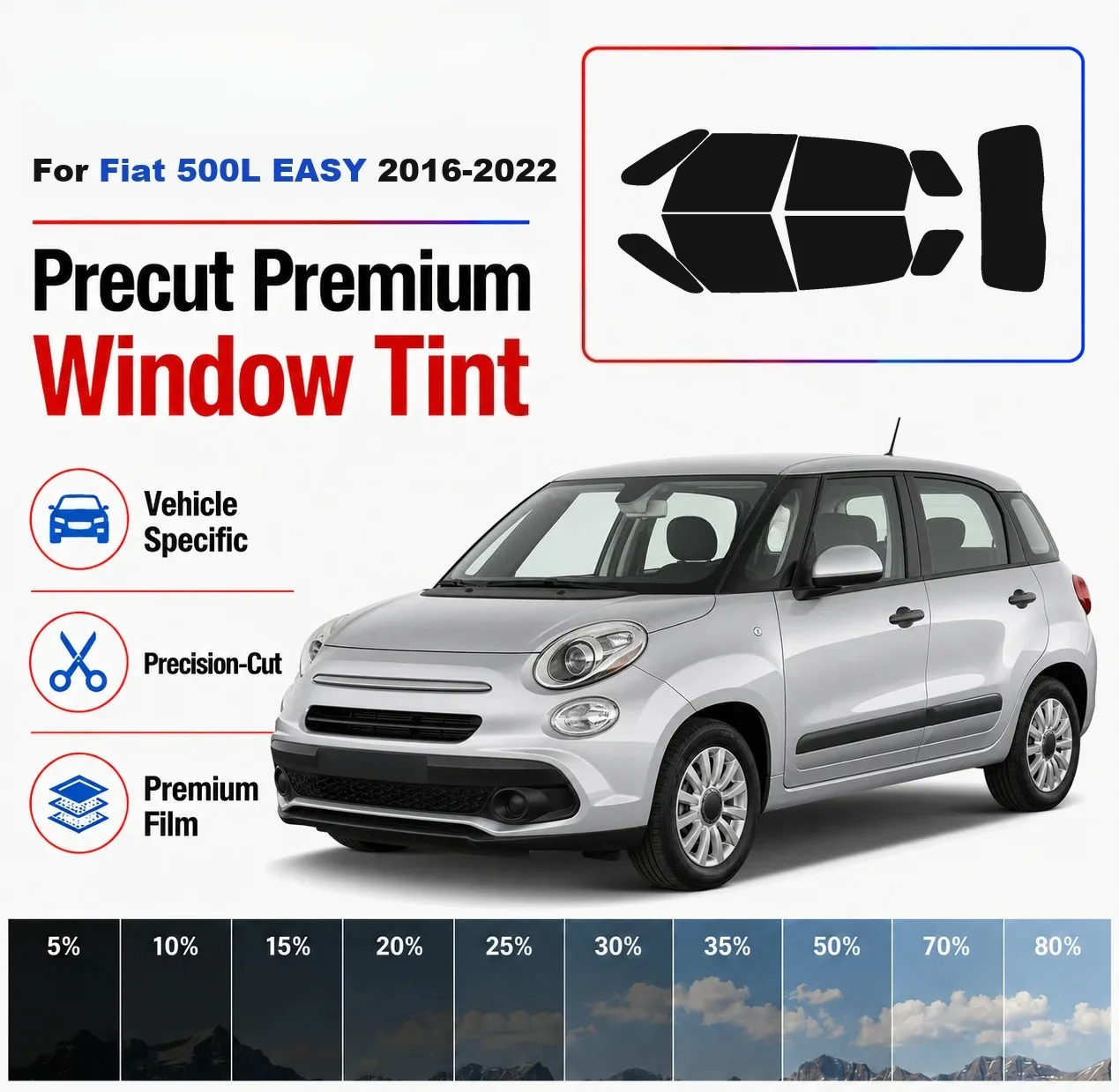 Premium Precut Window Tint Kit Front Rear Windows Rear Windshield For Fiat 500L EASY 2016-2022 Complete Set Nano Ceramic Film