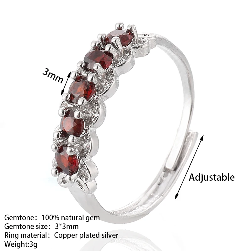 100% natural garnet gem ring for women's adjustable copper-plated silver round rings for parties and gifts