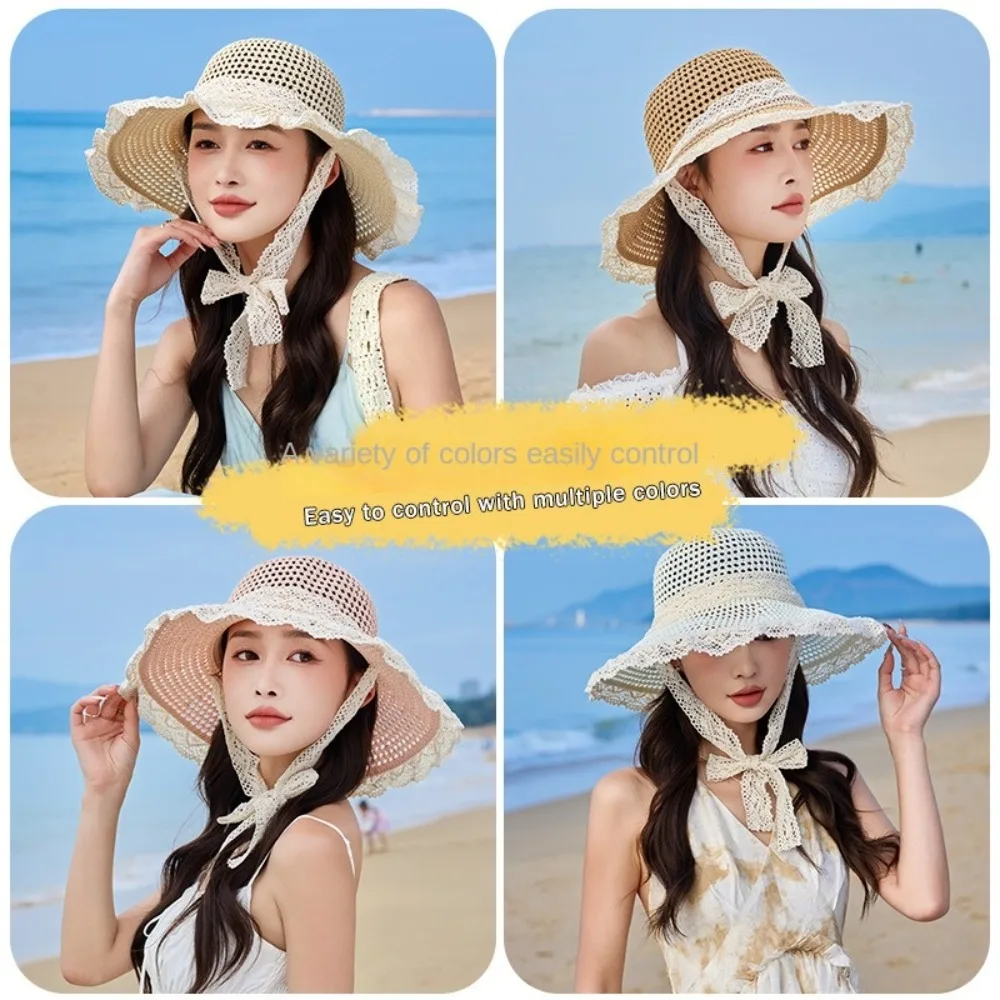 Elegant Large Brim Women Straw Hat Breathable Korean Style UV Protection Cap Sunshade Neck Cover Lace Tied Sun Hat Girls