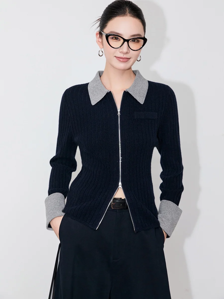 

SUK Faionable Wool Blend Knitwear Women's Slim Fit Collared Sweater with Double Zipper Casual Sle Regular Sve Length