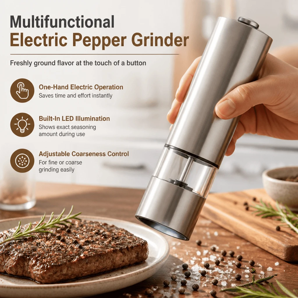 Electric Pepper Grinder Battery Operated Salt Mill Adjustable Ceramic Grinding Core LED Light One Hand Operation Stainless Steel