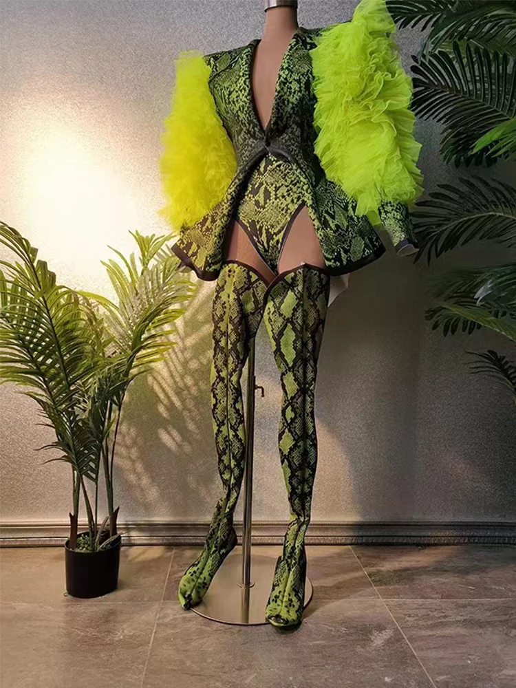 Mesh Puff Sleeve Suit LEG Cover Singer Stage Costume Green Snake Pattern Outfit Drag Queen Clothes Gogo Dancer Clothing VDB6343