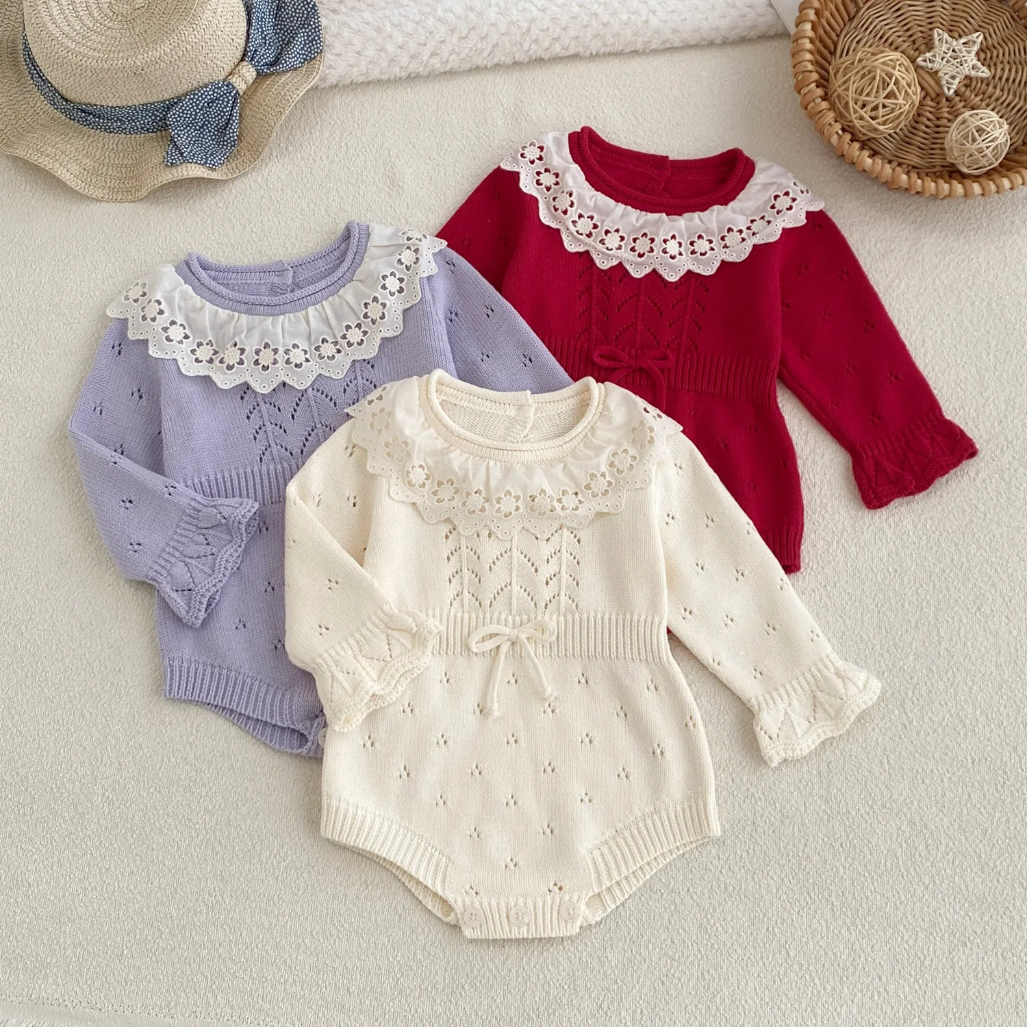 0-24M 100% Cotton Baby Girl Knit Romper Winter Lace Sweater Clothes Long Sleeve Knitwear Bodysuit Cute Outfit
