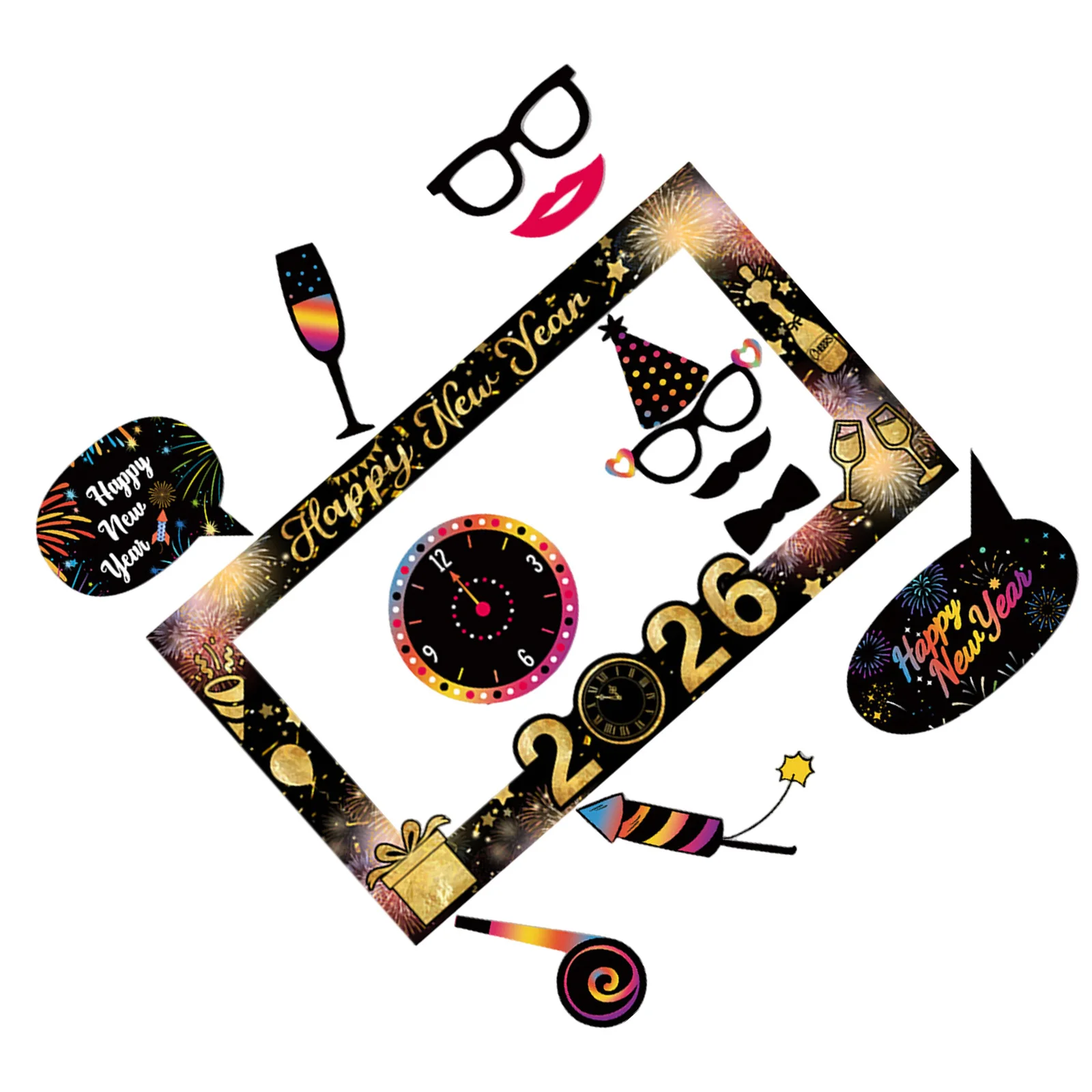 

1Set New Year Photo Booth Frame 2026 Vibrant Design Easy Assemble Foam Board New Year Party Glasses and Sign Combo