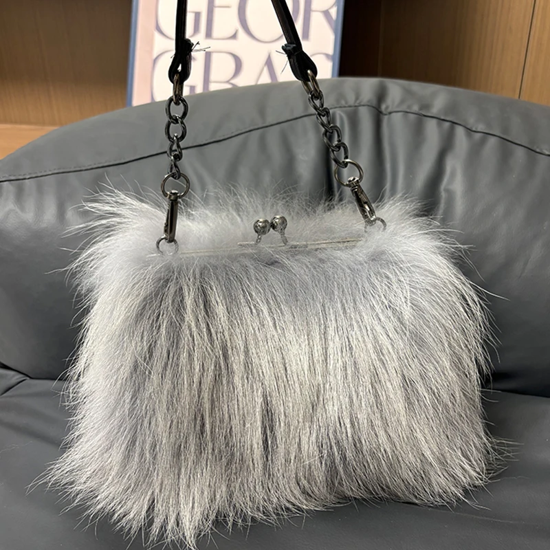 High-end-Mode Reine Waschbären Pelz Handtasche Frauen Kleine Handtaschen Flauschigen Plüsch Damen Kette Schulter Tasche