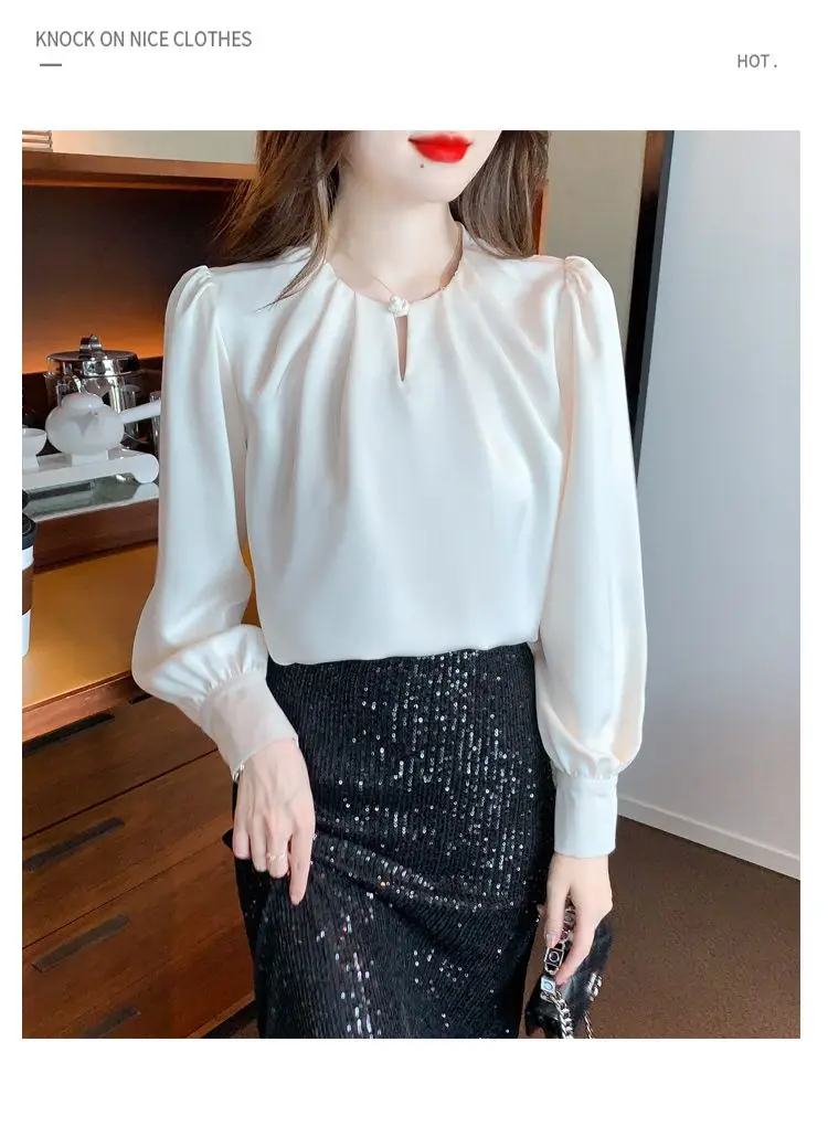 New Long Sleeved Chiffon Women\'s Top Stylish Small Shirt Base Shirt Loose and Slimming Shirt Belly Covering Shirt