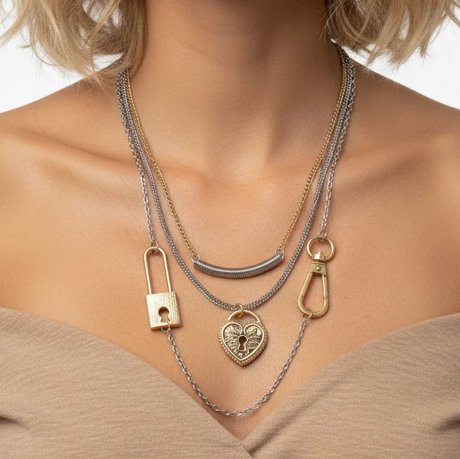 Exaggerated big-name love hollow lock multi-layer necklace female geometric metal collarbone chain design sense source
