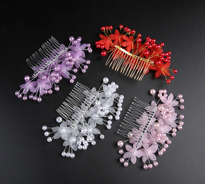 Silver Color Bridal Hair Comb Headdress White Pearl Head Flower Simple Lnsert Combs For Women Tiaras Bride Wedding Accessories