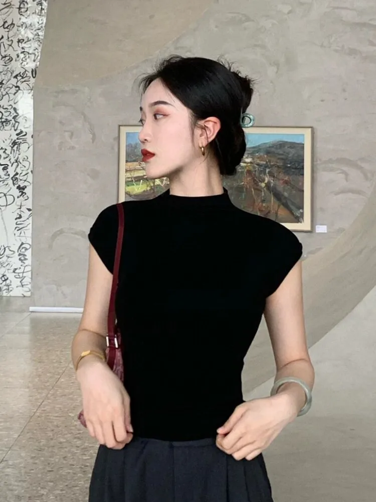 Black Knitted Short Sleeve T-Shirt Women's Summer New Style Half High Collar Slim Fit Short Length Inner Wear Top Korean Style