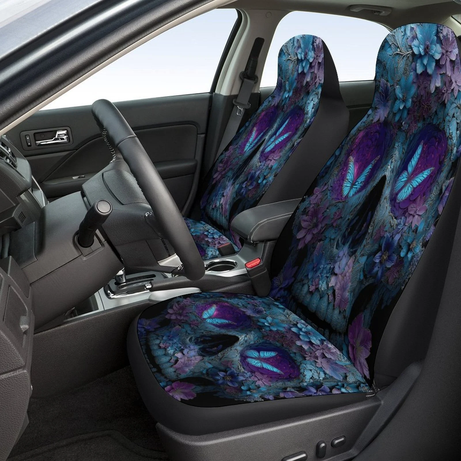 Set Of Car Seat Covers Featuring Floral Skull And Designs, Suitable For A Variety Of Vehicles. These High-Quality, Comfortable P