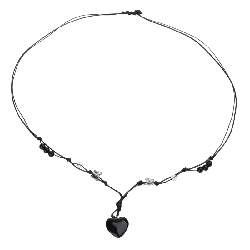 Gemstone-Pendant Necklace Natural Heart Stone Choker Chain Woven Rope Clavicle Dropship