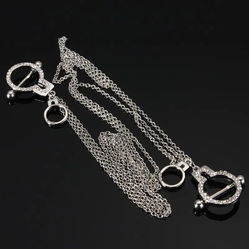 Zinc Alloy Handcuff Nipple Ring Long Chain Surgical Steel Jewelry Piercing Fashion Men Women Puncture Rhinestone Jewelry New