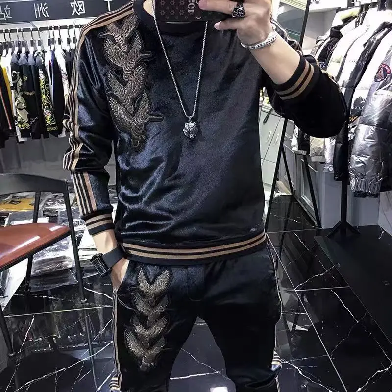 Gold Velvet Sweater Suit Fashion Brand 2023 Spring&Autumn New Style Men tracksuit Fashion Collocation Two-Piece set Men\'s Suit