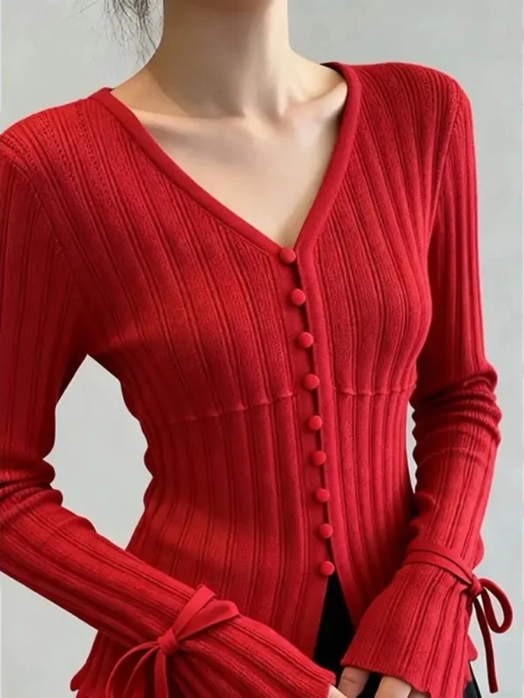 Y2K موضة الأحمر متماسكة الخصر سليم صالح المرأة الخريف الشتاء الراقية أنيقة شيك الشباب سترة أنيقة عادية شيك سترة #2