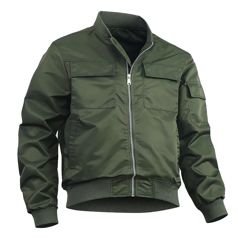 Autumn Winter Men Bomber Jacket Streetwear Solid Color Stand Collar Male Outerwear Long Sleeve Pocket Man Baseball Uniform