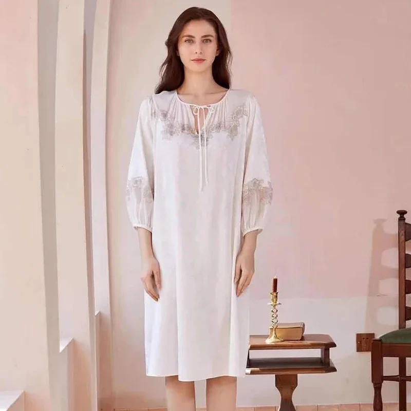 

Жаккардовая ночная рубашка из 100% тутового шелка, рукава три четверти, свободная женская ночная рубашка с круглым вырезом, милое домашнее платье принцессы, пижама