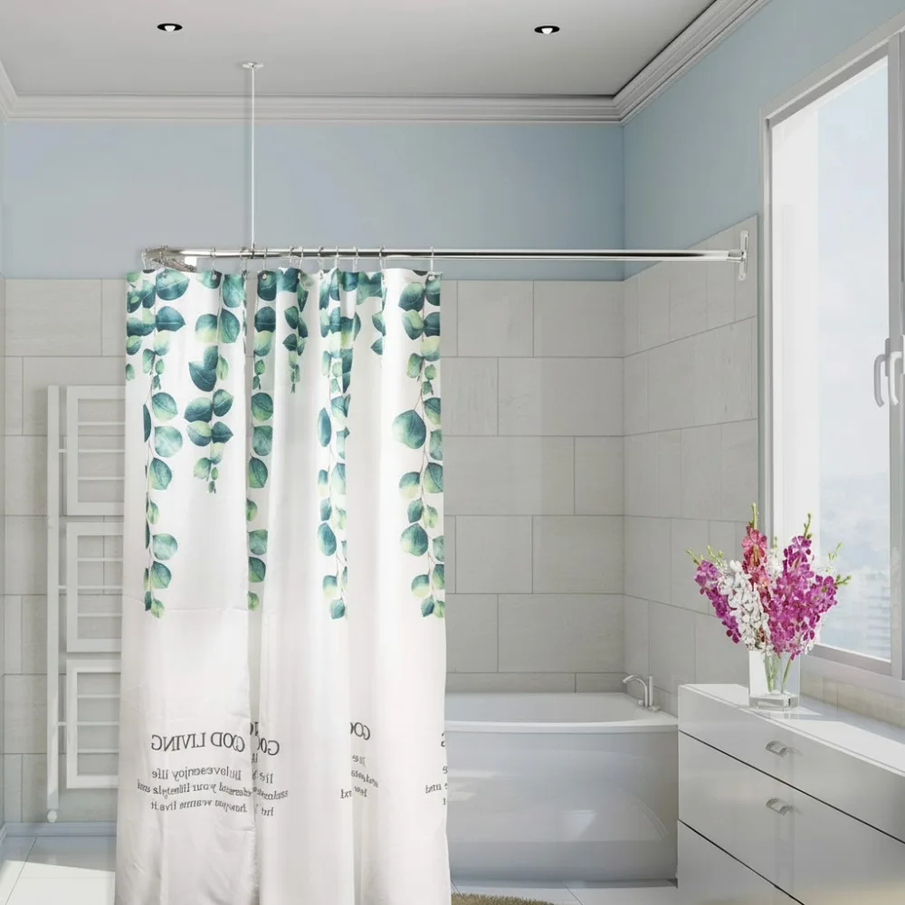 

L-Shaped Corner Shower Curtain Rod with Ceiling Support, Chrome Plated Aluminum for Bathroom Bathtub