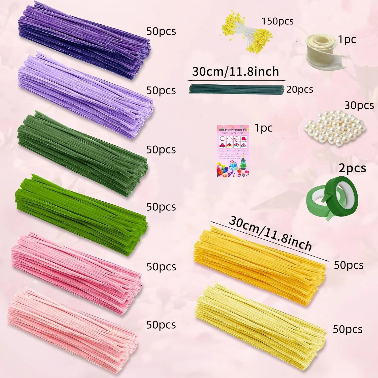 400pcs Chenille Stem Craft Kit, with 20pcs Stem, 150pcs Stamen, 30pcs Pearls, 2pcs Tape, 1pc Ribbon & 1pc Tutorial for Christmas