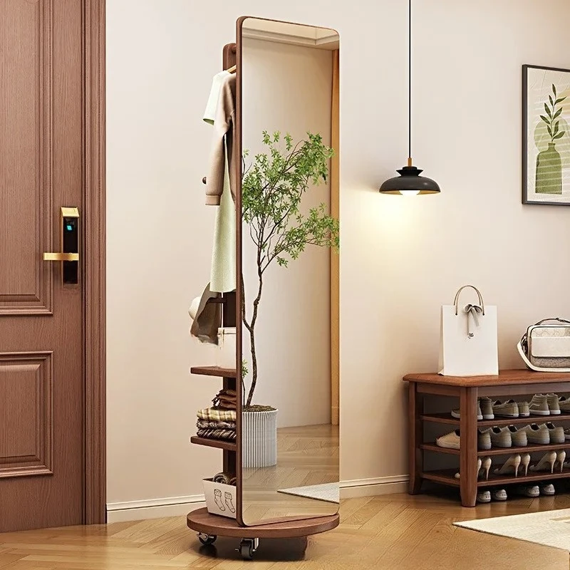 Solid Wood Swivel | 360 Rotation Full Length Standing Dressing Mirror with Storage Shelf & Hooks |  Hallway Organizer Furniture