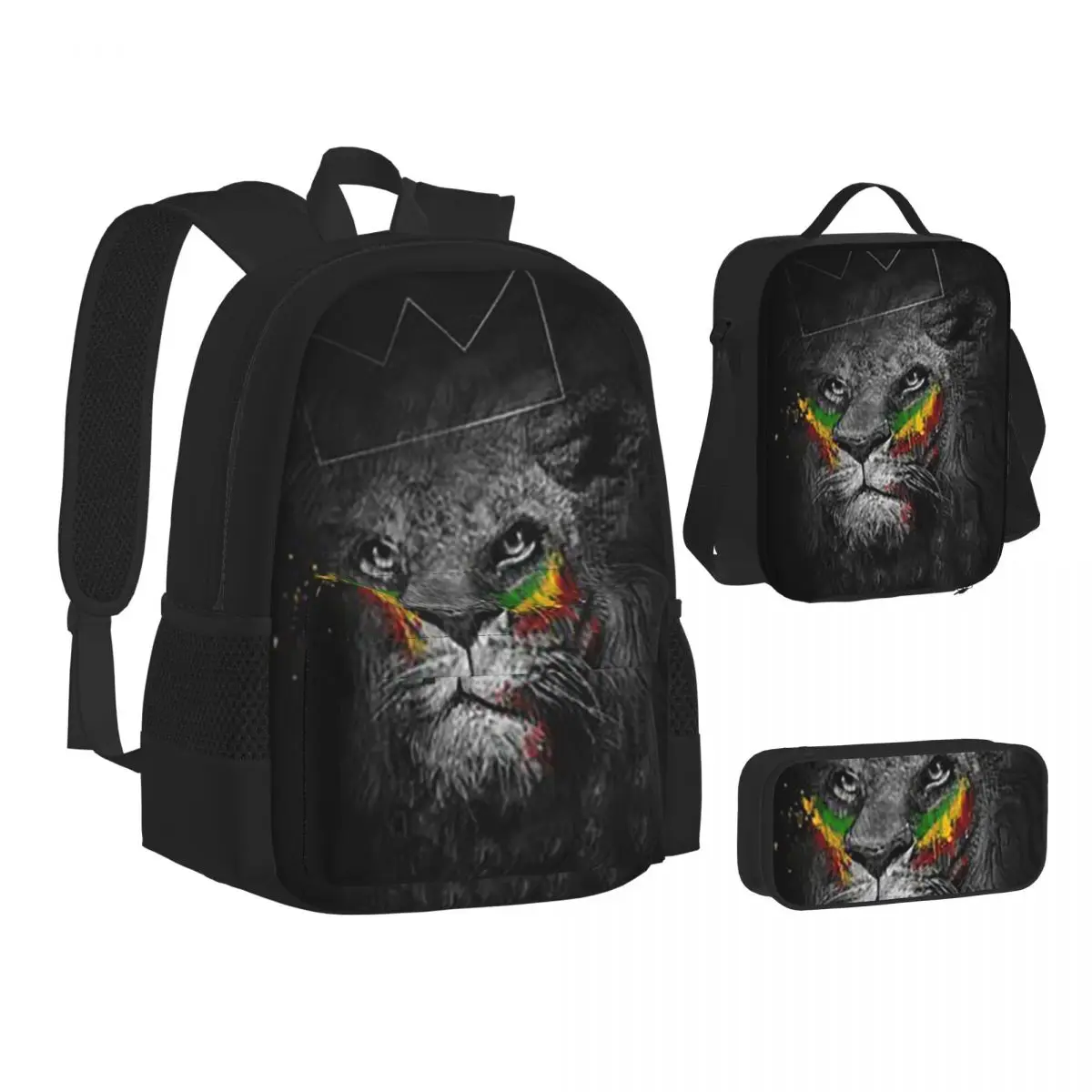 

Rasta Lion Street Skullies Backpacks Boys Girls Bookbag Students School Bags Kids Rucksack Lunch Bag Pen Bag Three-Piece Set